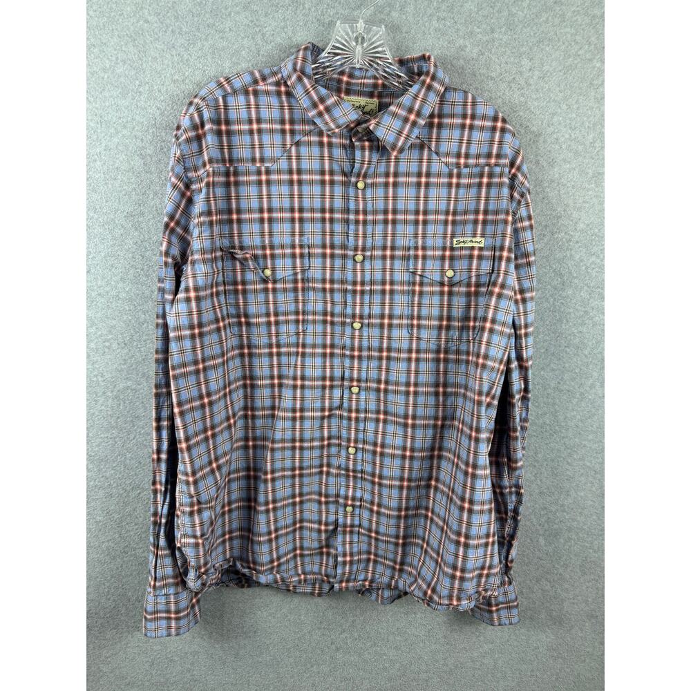 Lucky Brand Shirt Size XL Blue‎ Plaid Long Sleeve Pearl Snap Button Down